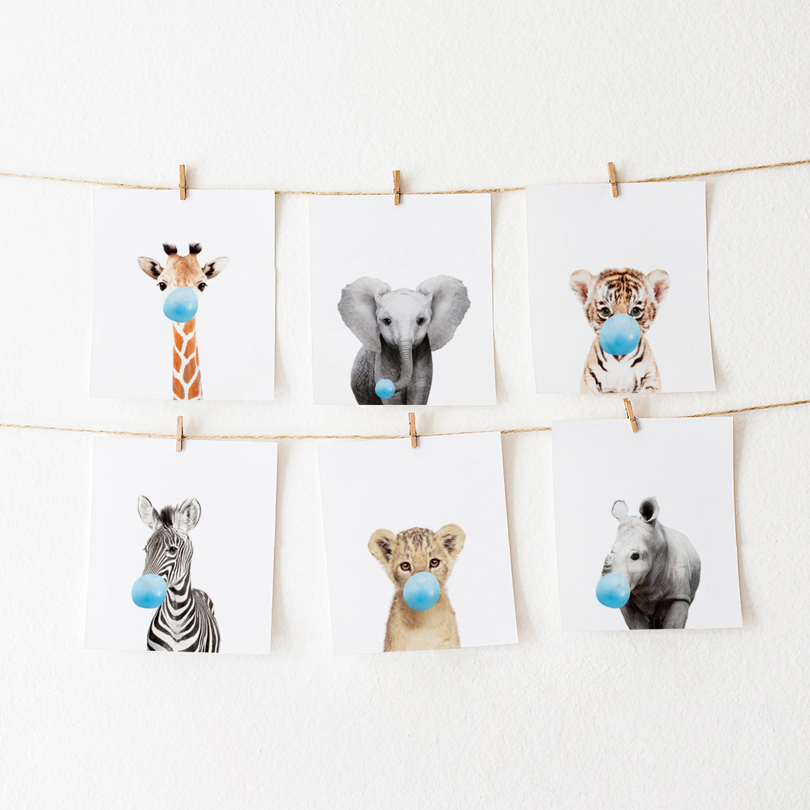 Safari Animals Blowing Bubble Gum Art Prints Set of 6
