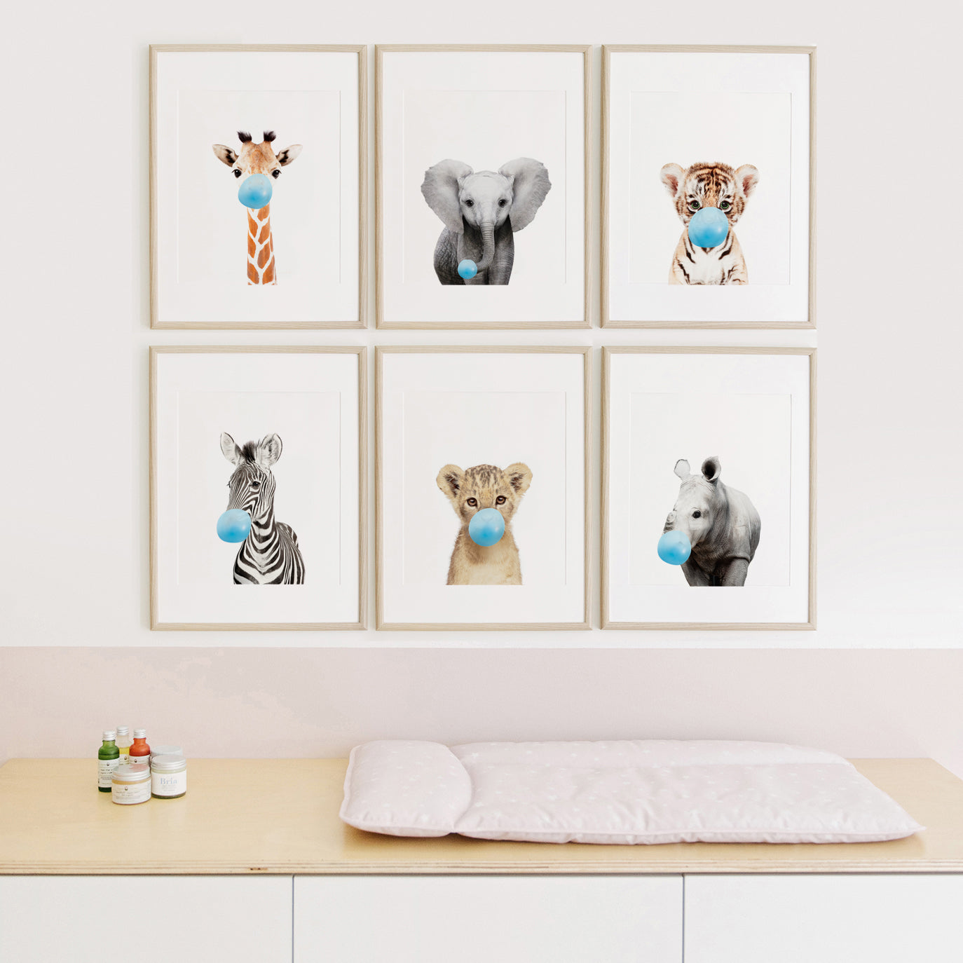Safari Animals Blowing Bubble Gum Art Prints Set of 6