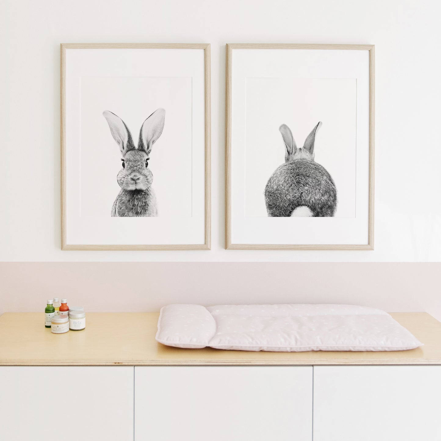 Black and White Bunny Portrait and Bunny Tail Wall Art Print - Set of 2