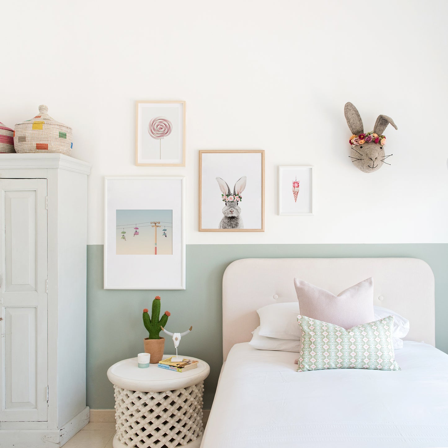 Baby Bunny with Flower Crown nursery wall art for girls room
