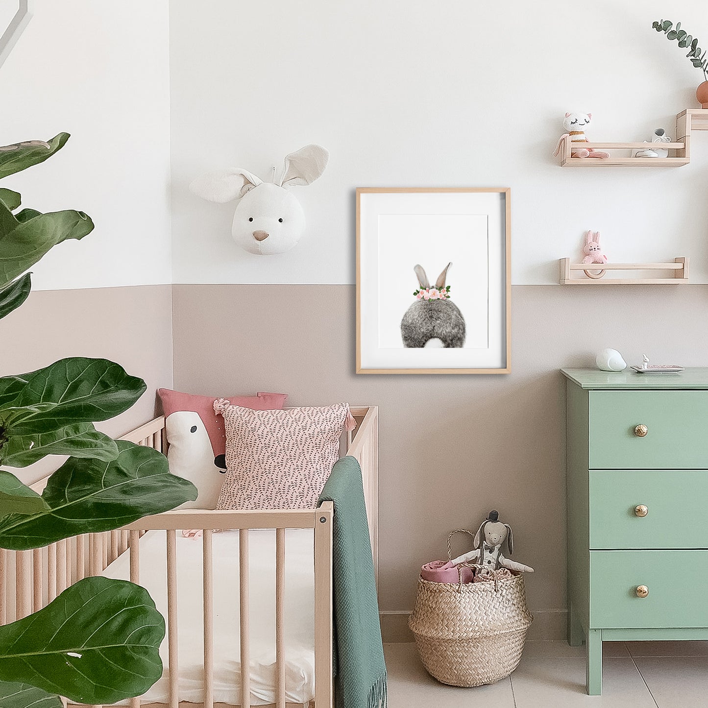 Baby Bunny Tail with Flower Crown nursery wall art for girls room
