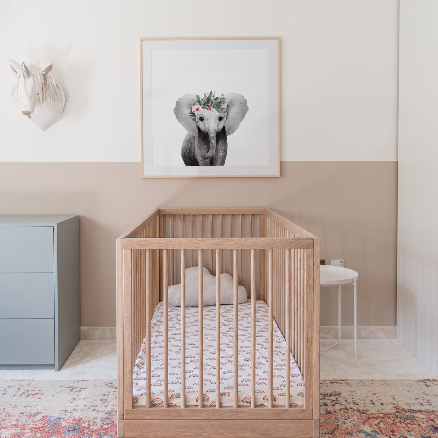 Baby Elephant with Flower Crown nursery wall art for girls room