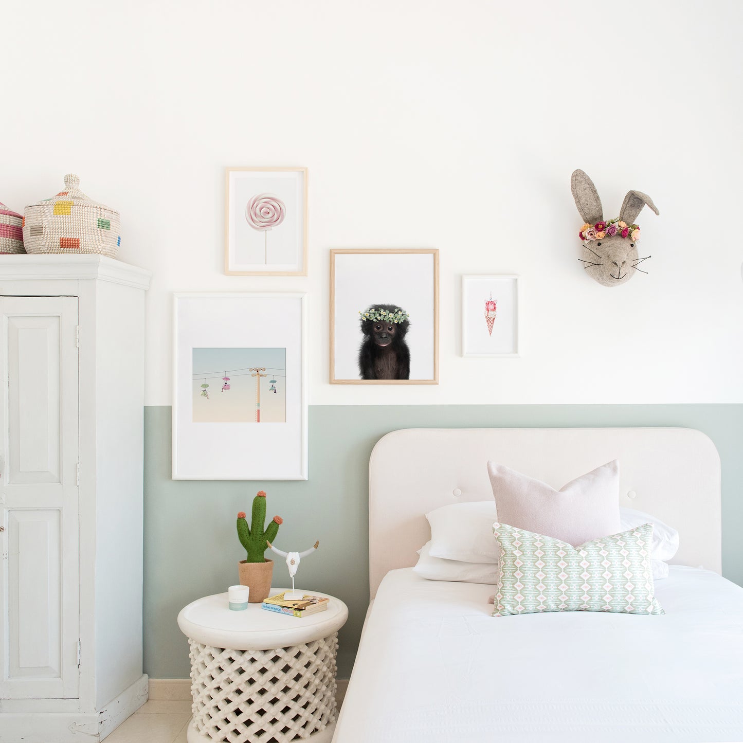 Baby Monkey with Flower Crown nursery wall art for girls room