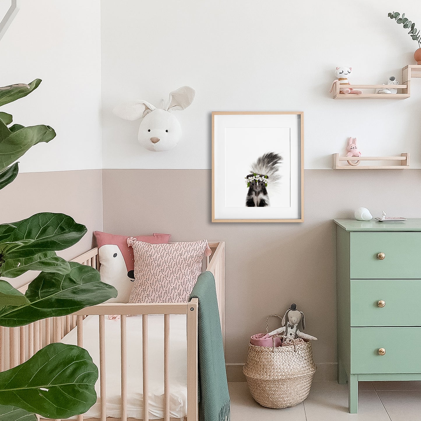 Baby Skunk with Flower Crown nursery wall art for girls room