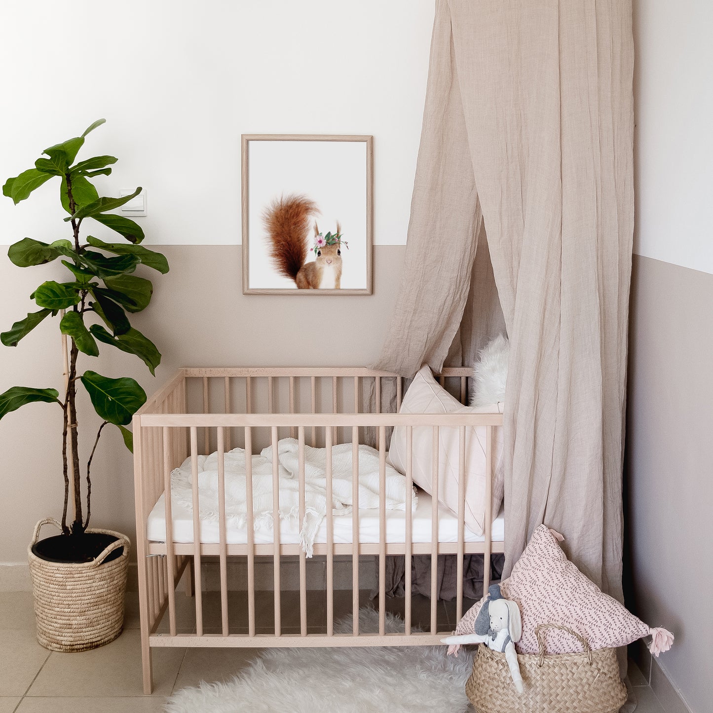 Baby Squirrel with Flower Crown nursery wall art for girls room