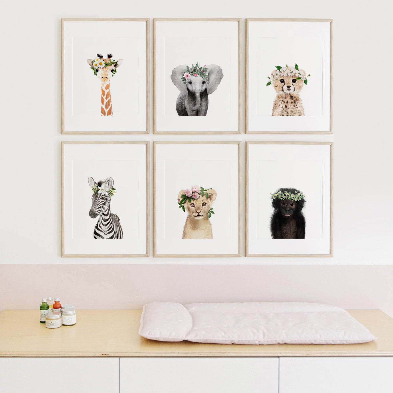Safari Animals with Flower Crown Set of 6  nursery wall art for girls room