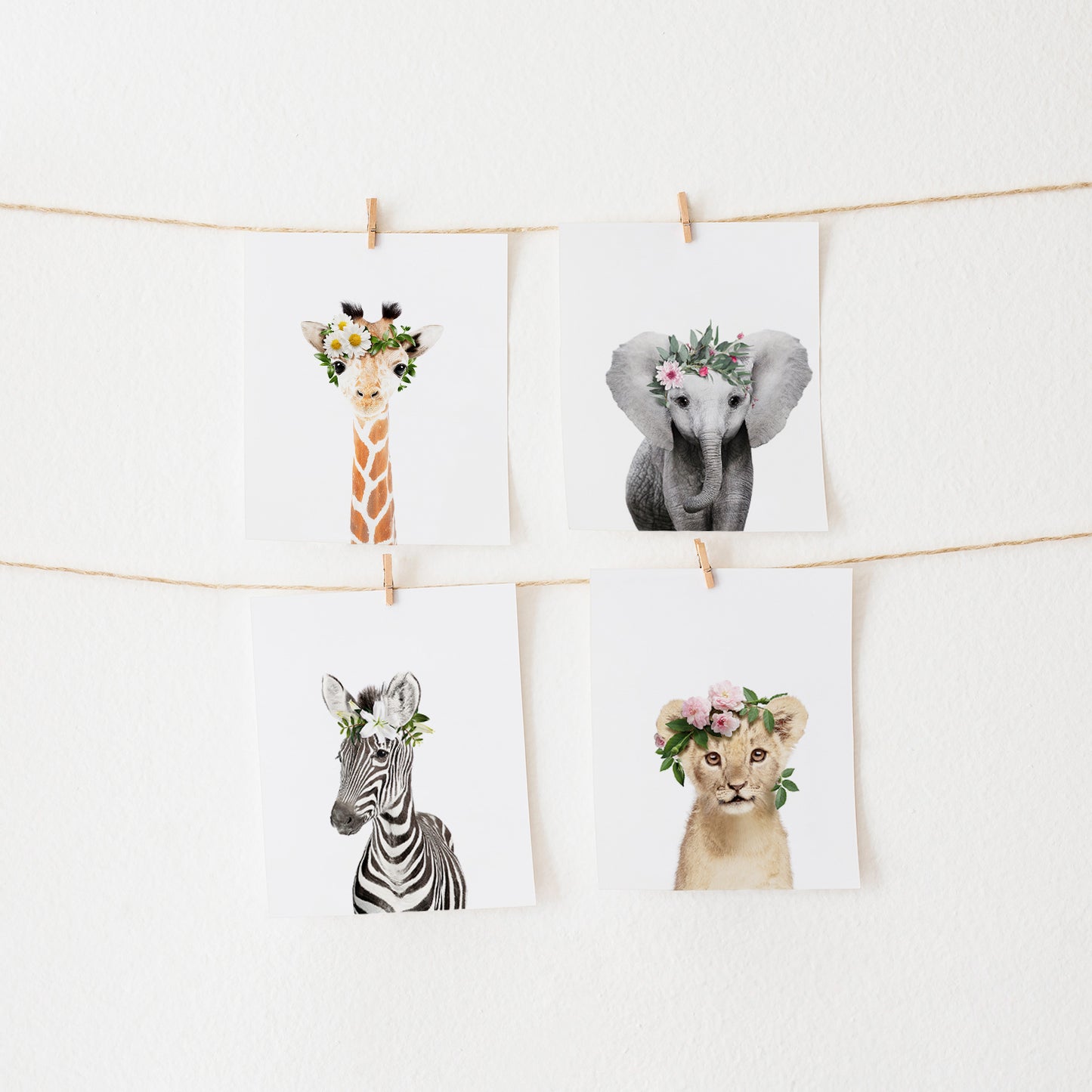 Set of 4 Safari Animals with Flower Crown nursery wall art for girls room
