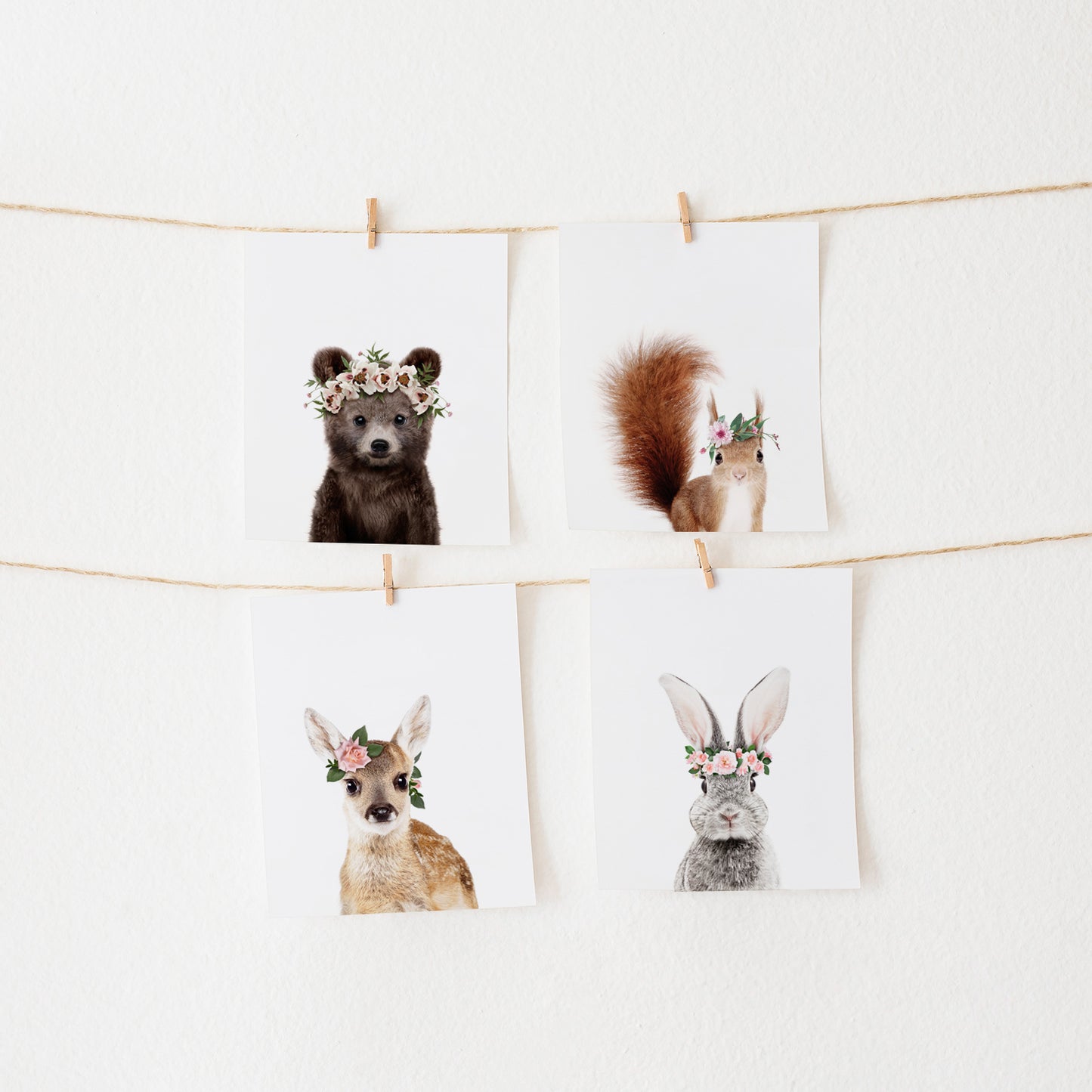 Woodland Animals with Flower Crown Set of 4 prints for nursery