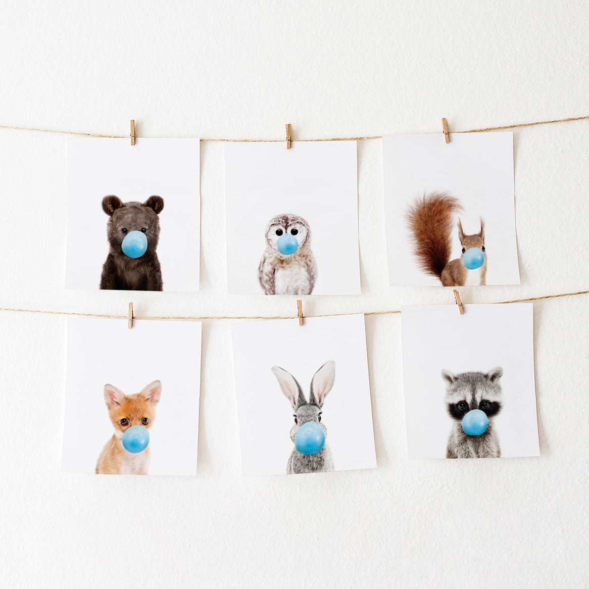 Woodland Animals Blowing Bubble Gum Wall Art Set of 6