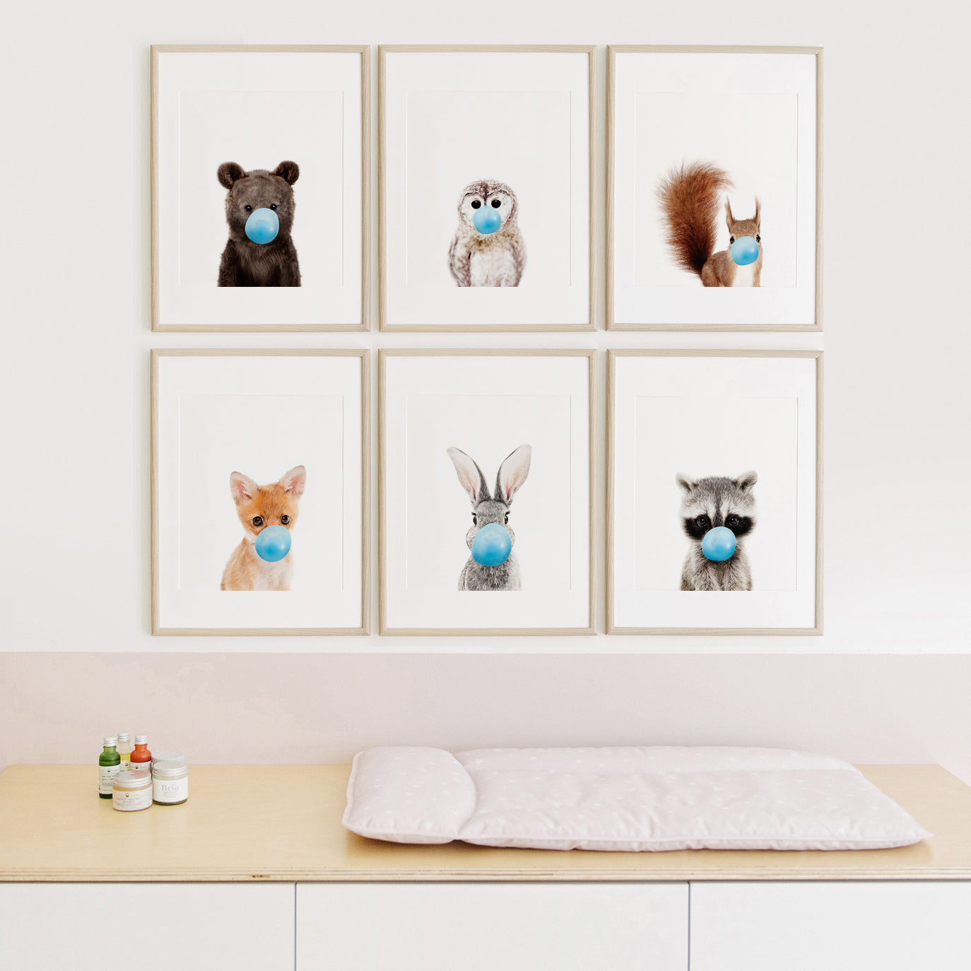 Woodland Animals Blowing Bubble Gum Wall Art Set of 6