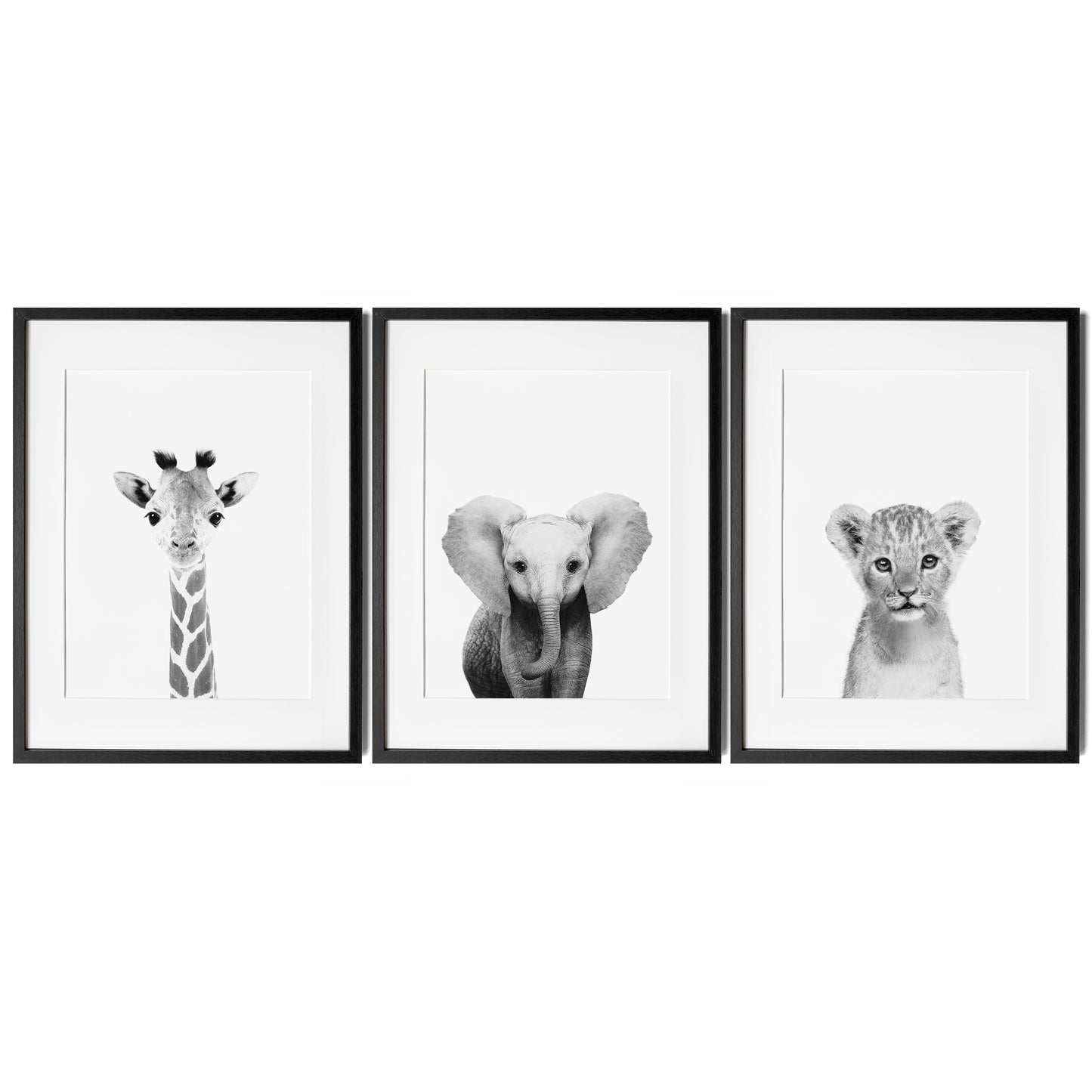 Black and White Safari Animals Set of 3 Nursery Wall Art Prints