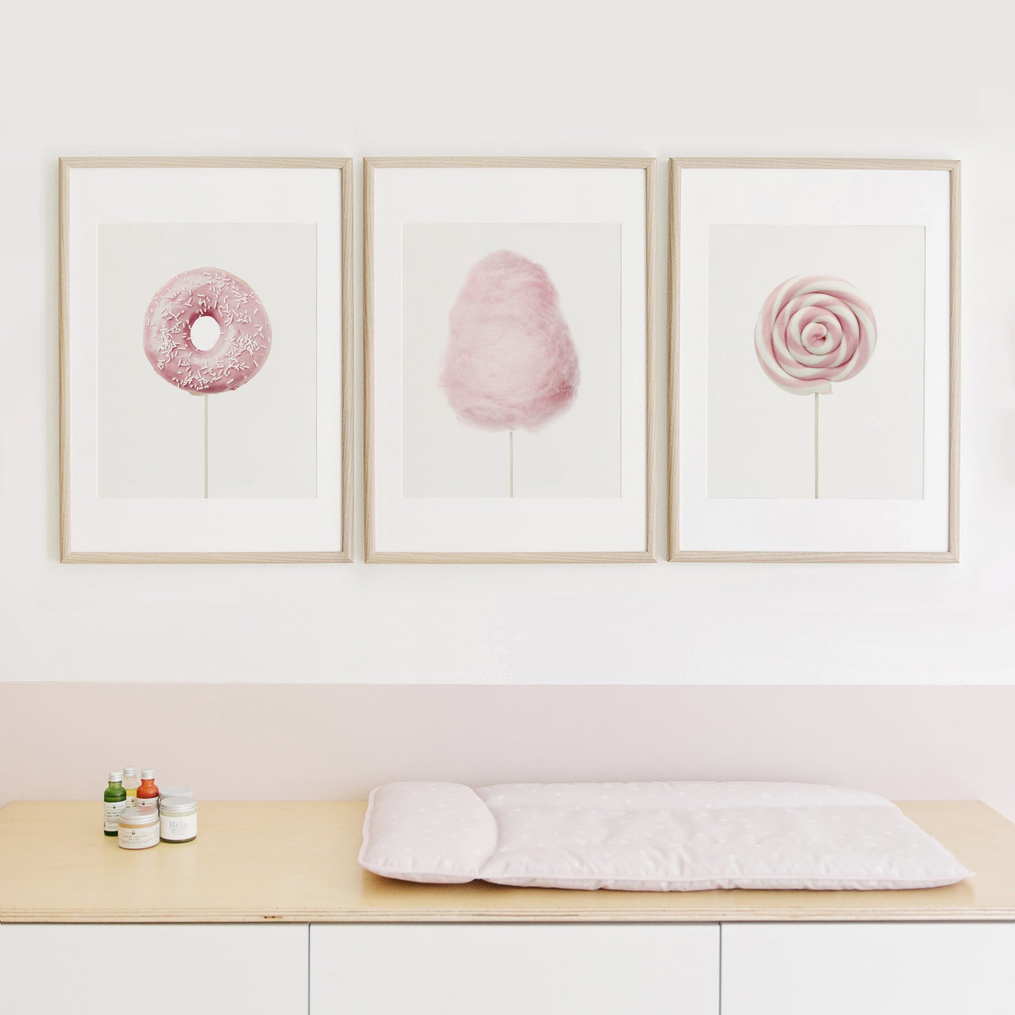 Pink Candy Art Prints Set of 3 cotton candy, lollipop , donut nursery wall art