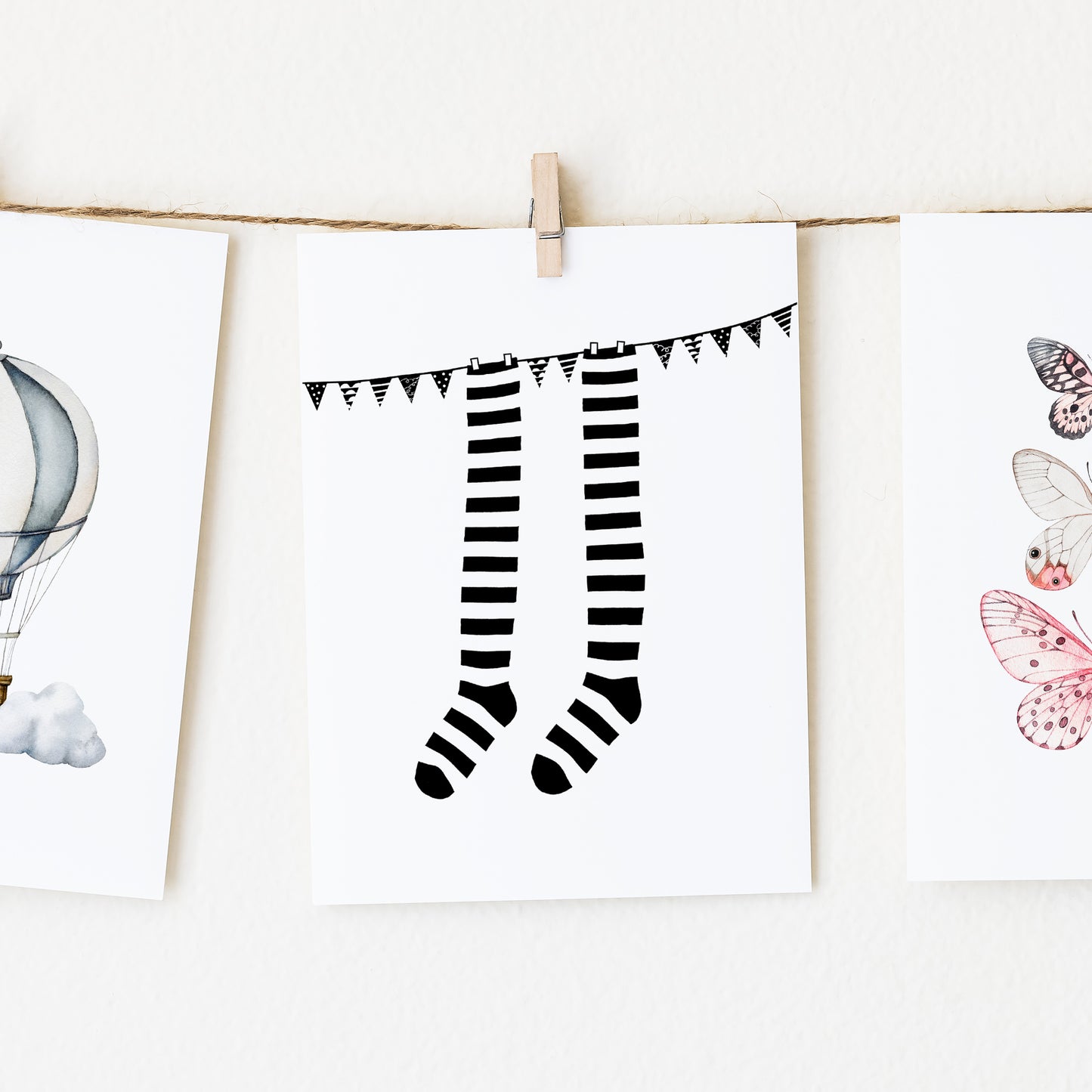 Socks on a Wire black and white Wall Art