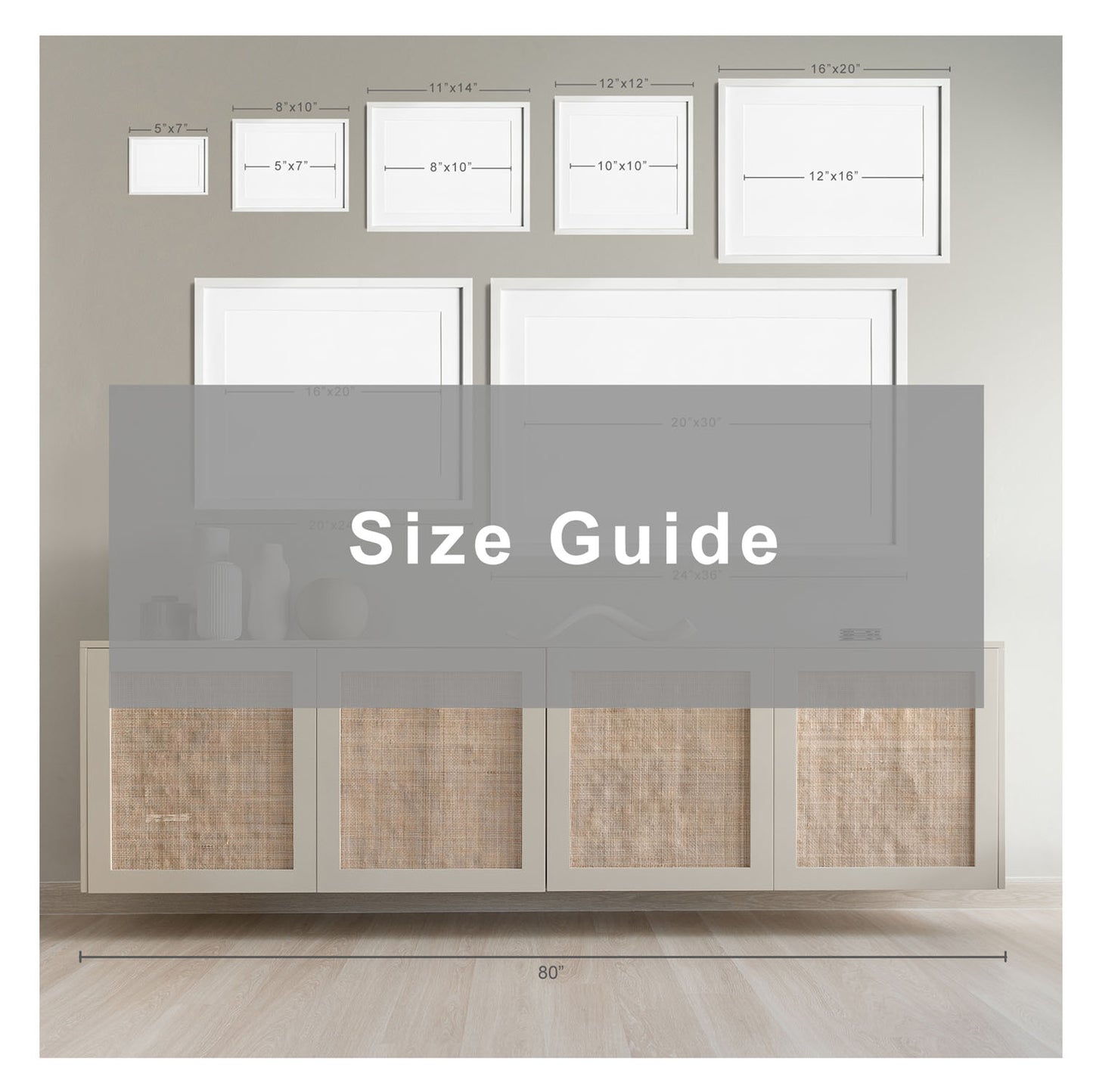 Wall art size guide chart showing dimensions for single prints and gallery walls. Helps visualize different sizes to choose the best fit for your space.