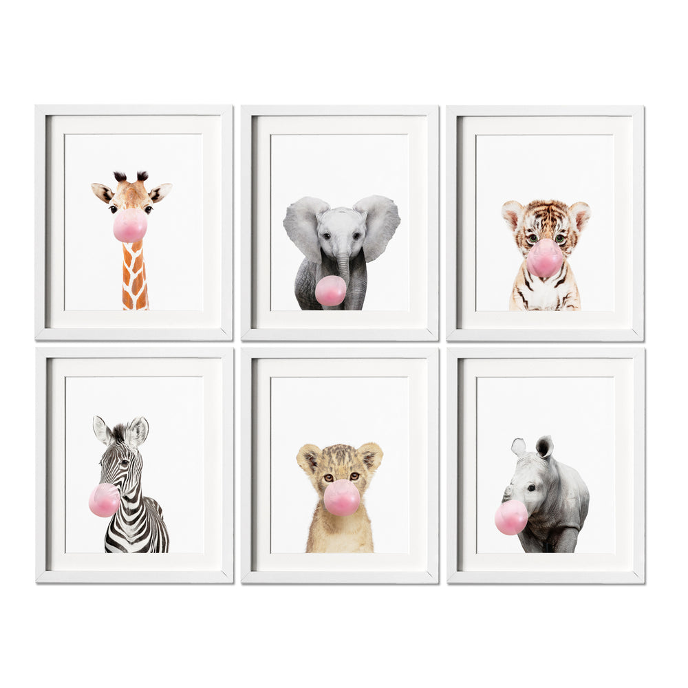 Safari Animals Blowing Bubble Gum Art Prints Set of 6