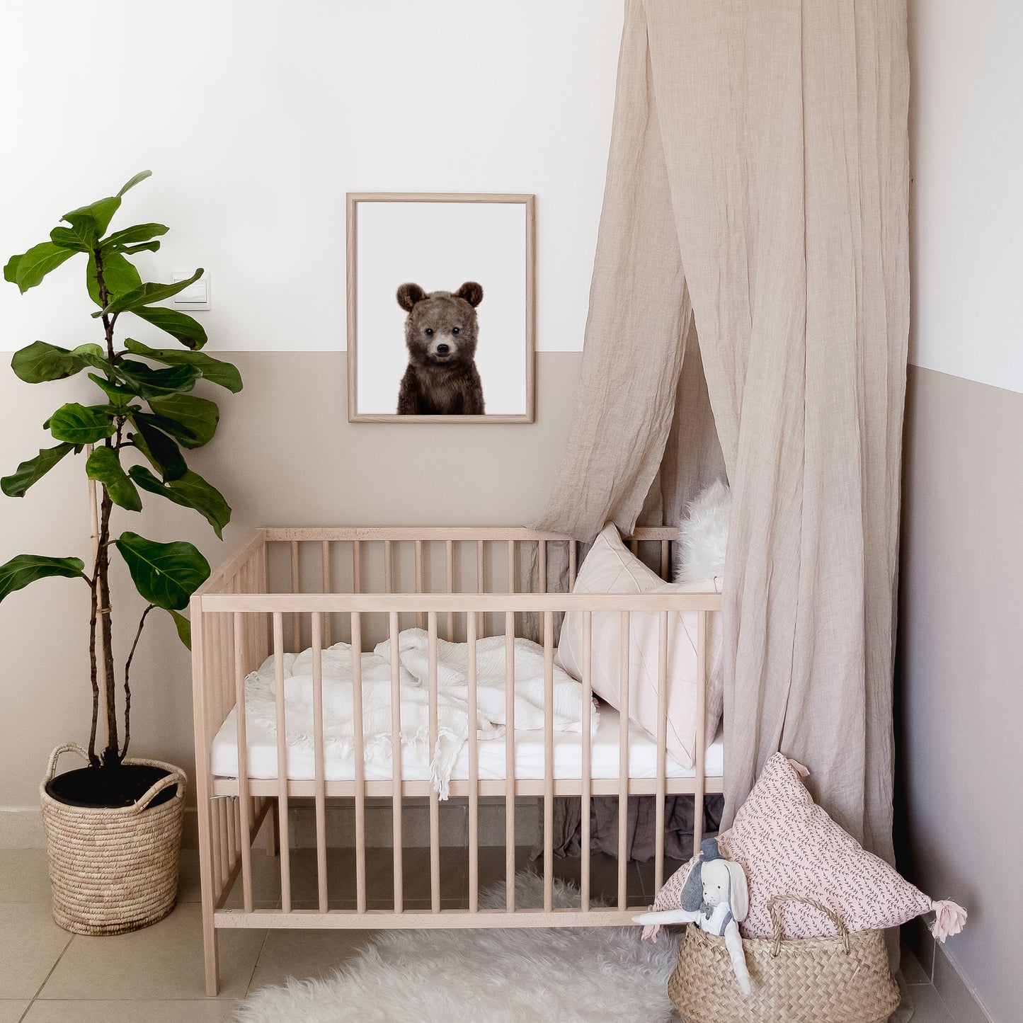 baby bear print in a boho nursery