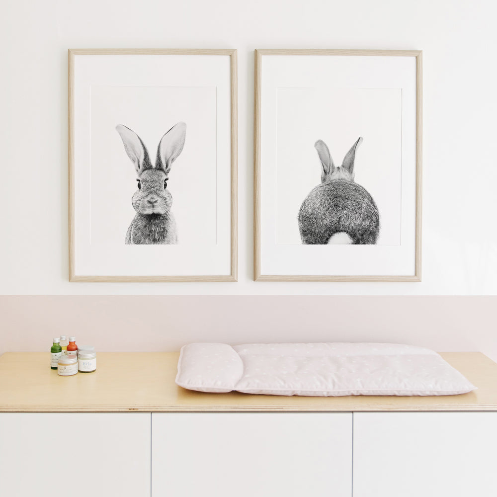 
                      
                        Black and White Bunny Portrait and Bunny Tail Wall Art Print - Set of 2
                      
                    