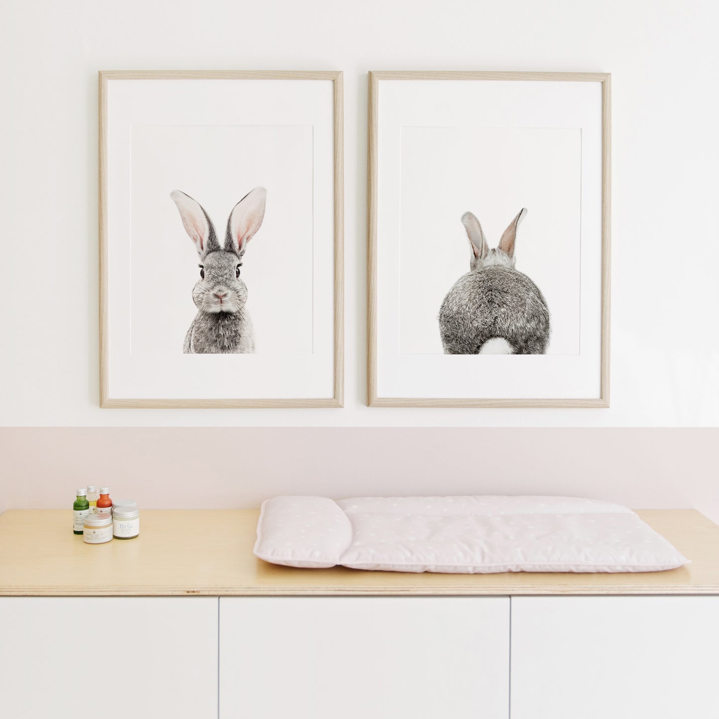 baby bunny and baby tail nursery art print above diaper changing table 