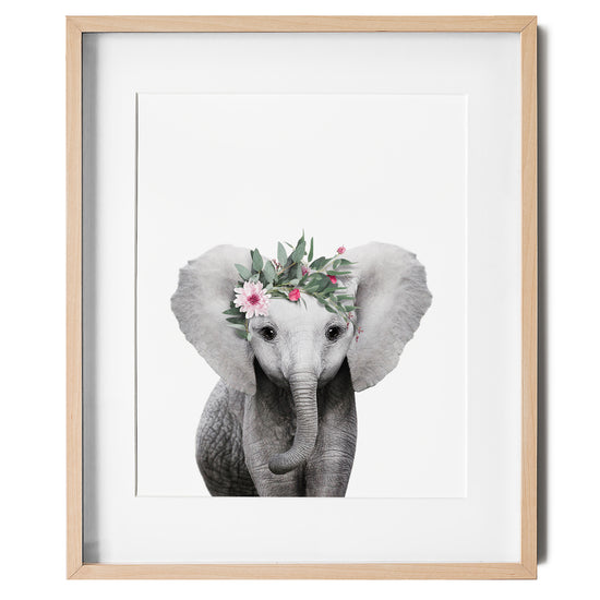 Baby Elephant with Flower Crown nursery wall art for girls room