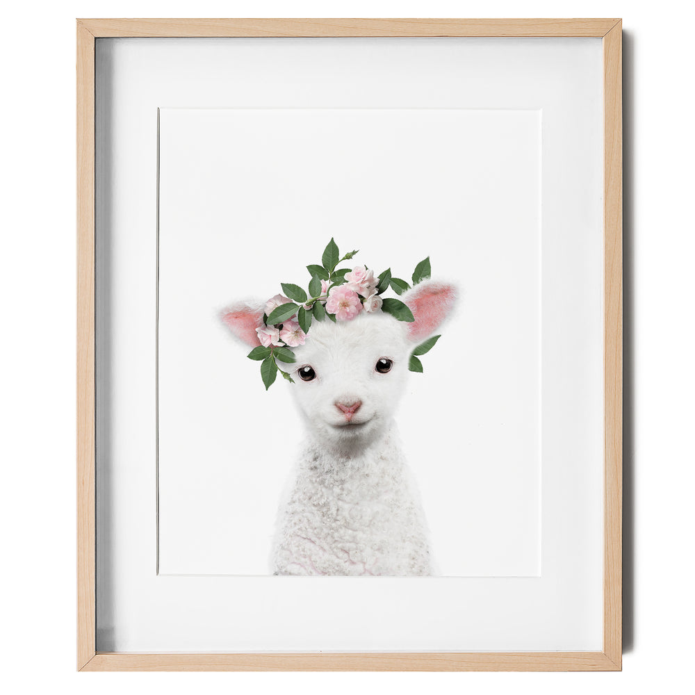 Baby Lamb with Flower Crown nursery wall art for girls room