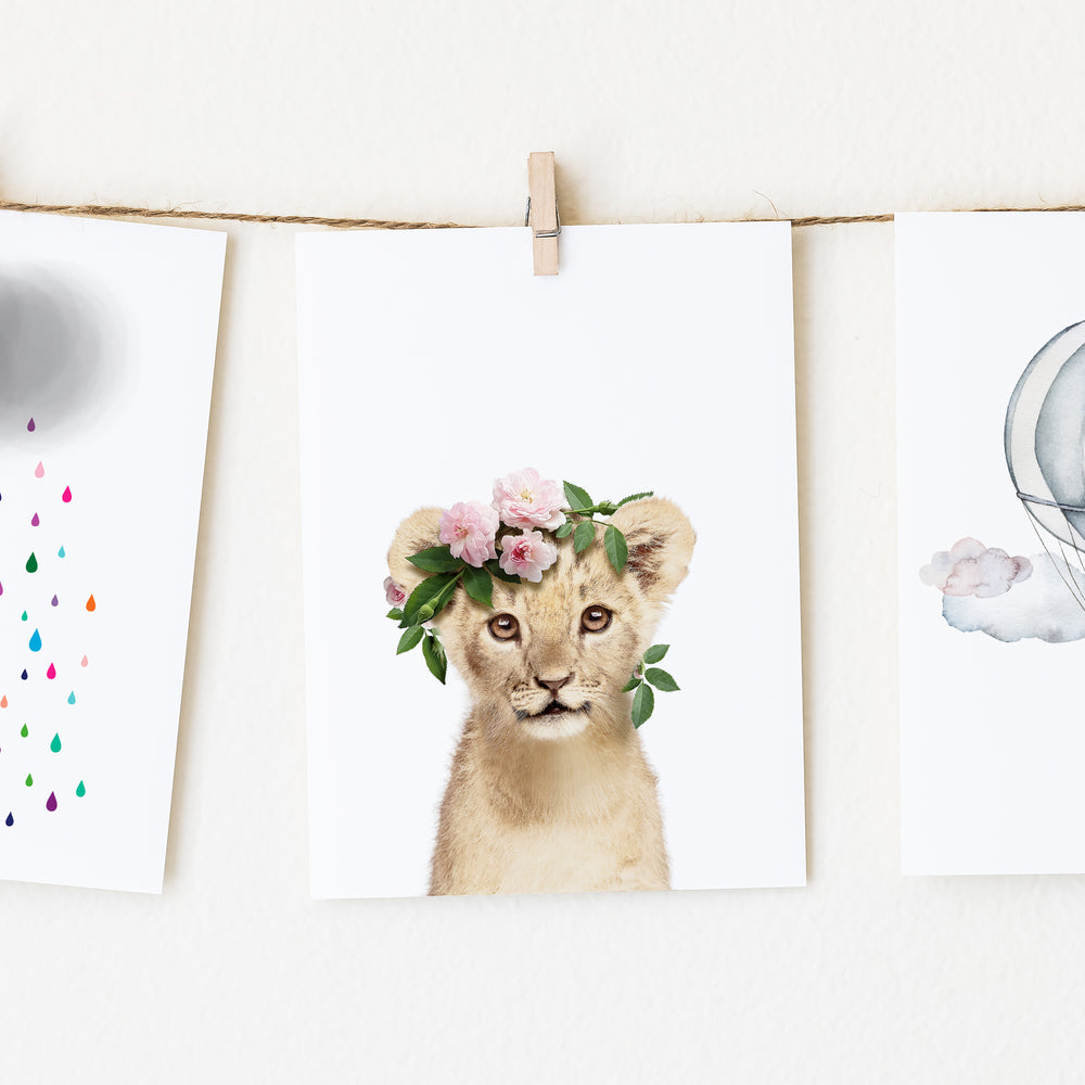 
                      
                        Baby Lion with Flower Crown nursery wall art for girls room
                      
                    