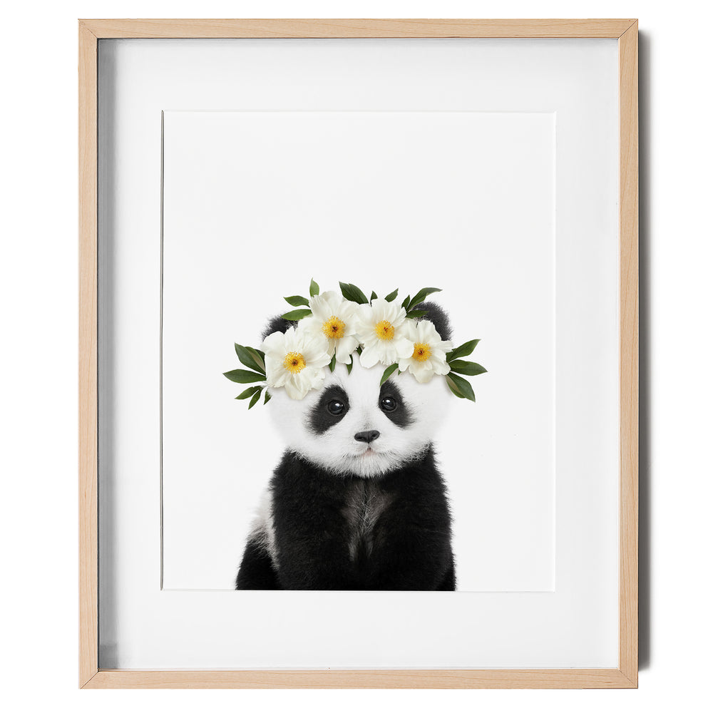 Baby Panda with Flower Crown nursery wall art for girls room