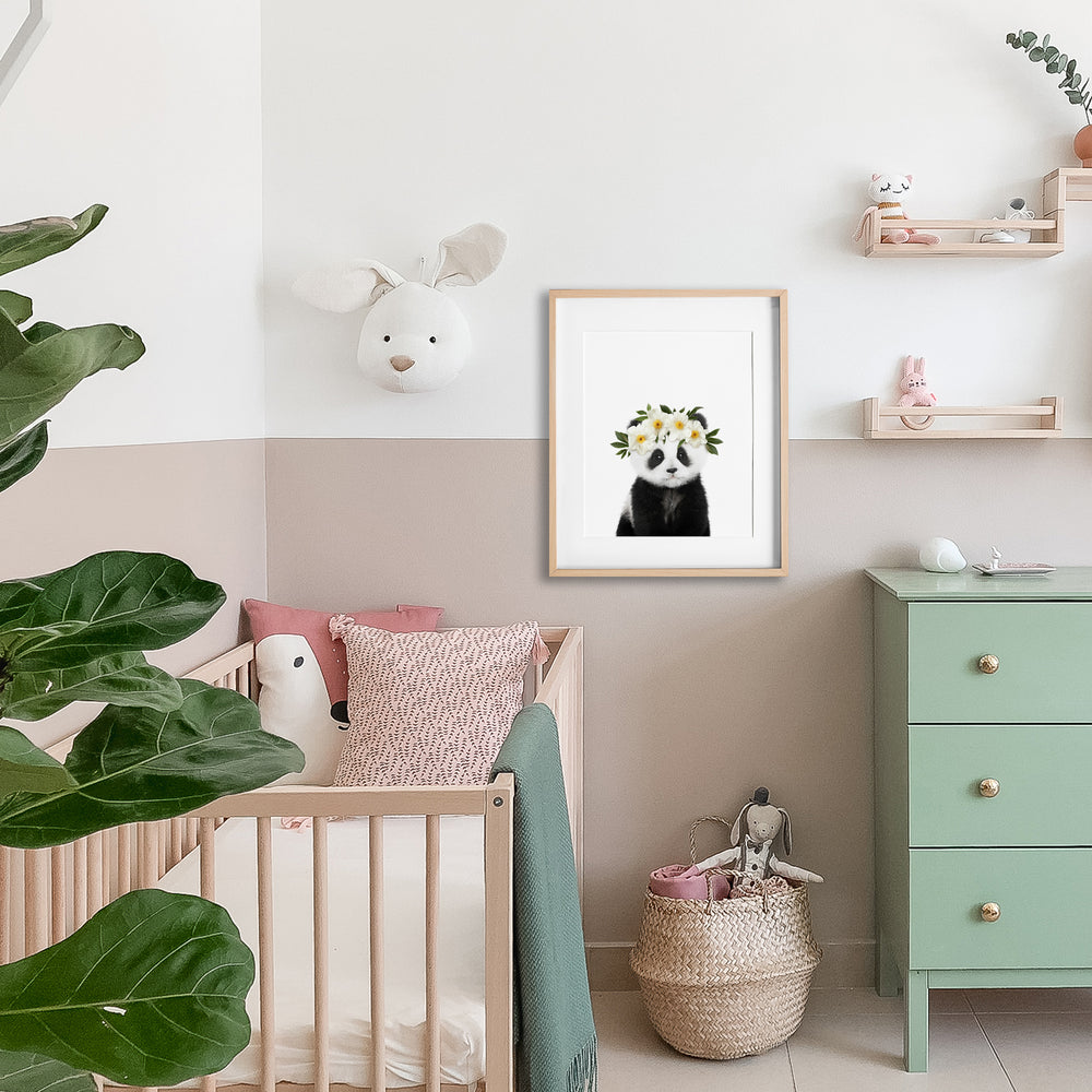 Baby Panda with Flower Crown nursery wall art for girls room