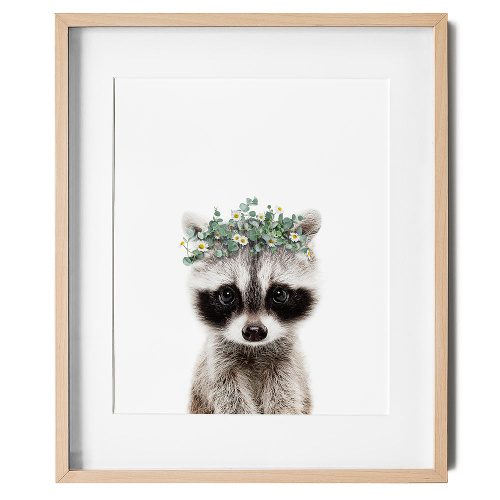 Baby Raccoon with Flower Crown nursery wall art for girls room