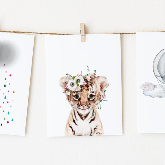 Baby Tiger with Flower Crown nursery wall art for girls room