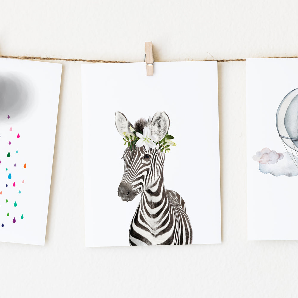 
                      
                        Baby Zebra with Flower Crown  nursery wall art for girls room
                      
                    