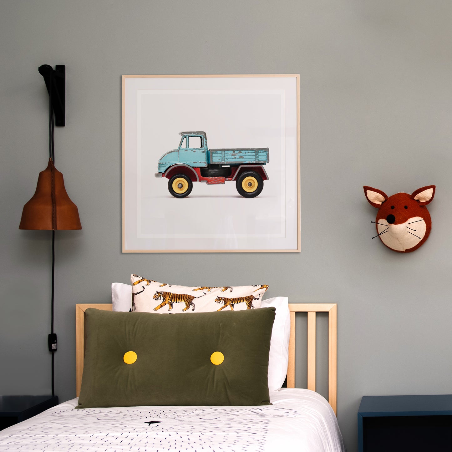 Load image into Gallery viewer, Art print of a blue farm truck against a grey background.
