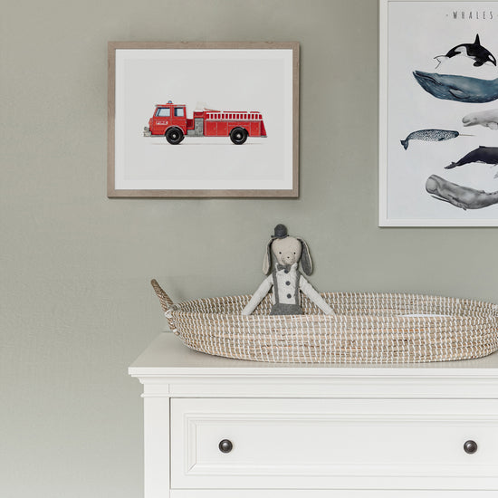 Red fire truck print in a boys roomFire Truck nursery Art Print for boys room