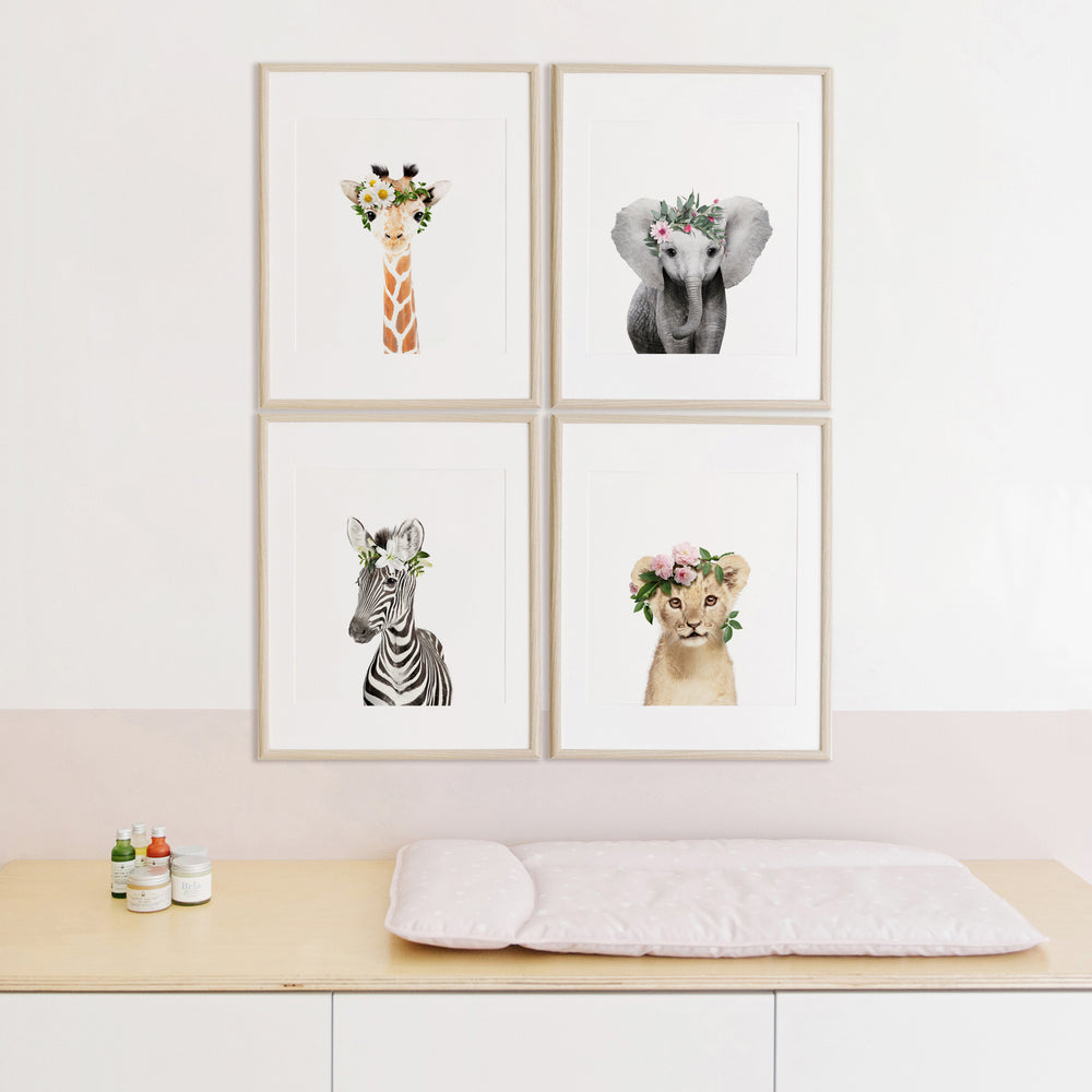 Set of 4 Safari Animals with Flower Crown nursery wall art for girls room