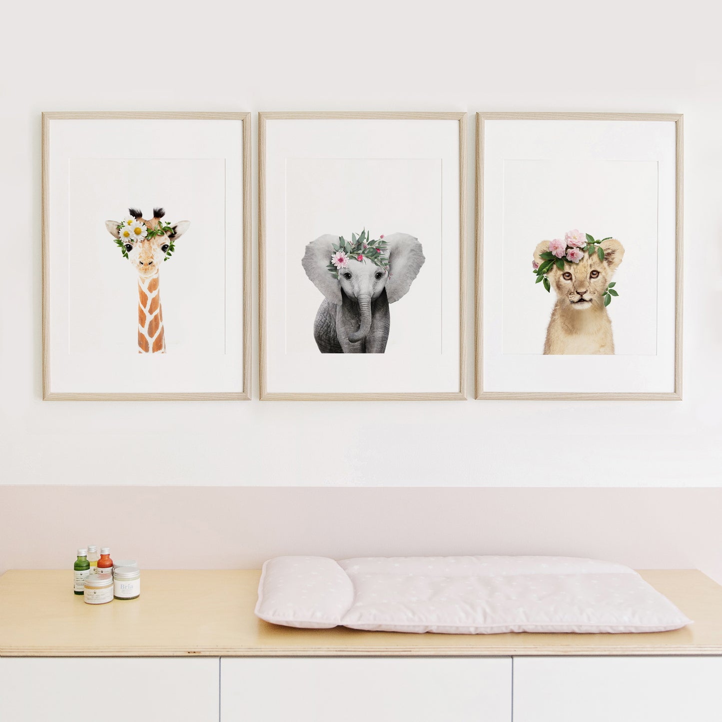 Safari Animals with Flower Crown Set of 3 nursery wall art for girls room