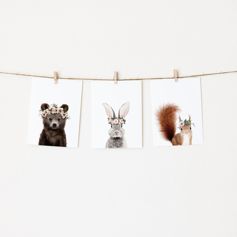 
                      
                        Woodland Animals with Flower Crowns  nursery wall art for girls room
                      
                    