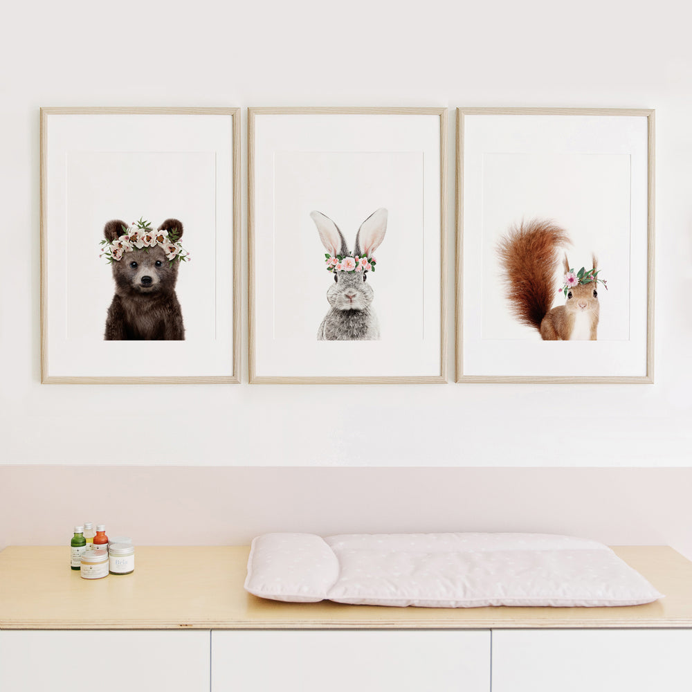 
                      
                        Woodland Animals with Flower Crowns  nursery wall art for girls room
                      
                    