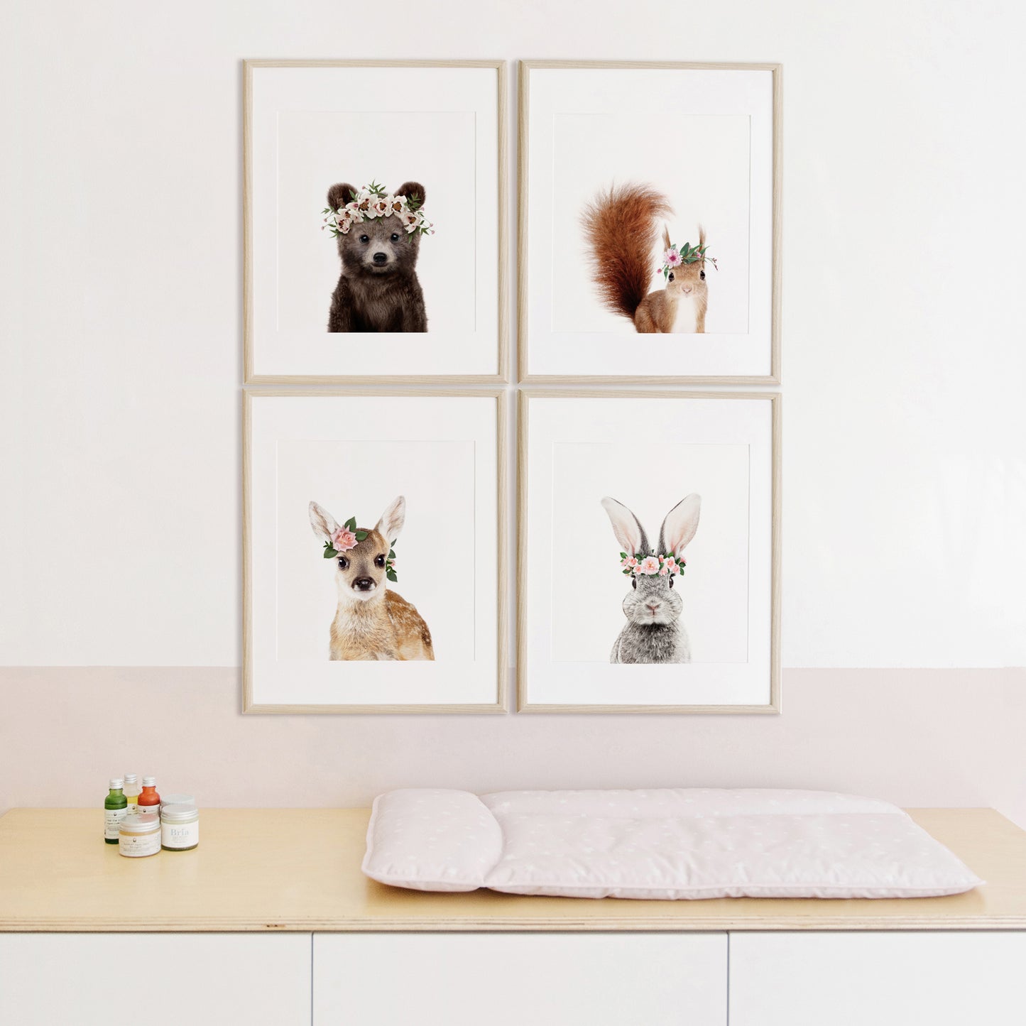 Woodland Animals with Flower Crown Set of 4 prints for nursery 