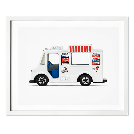 Art print of an ice cream truck against a grey background.