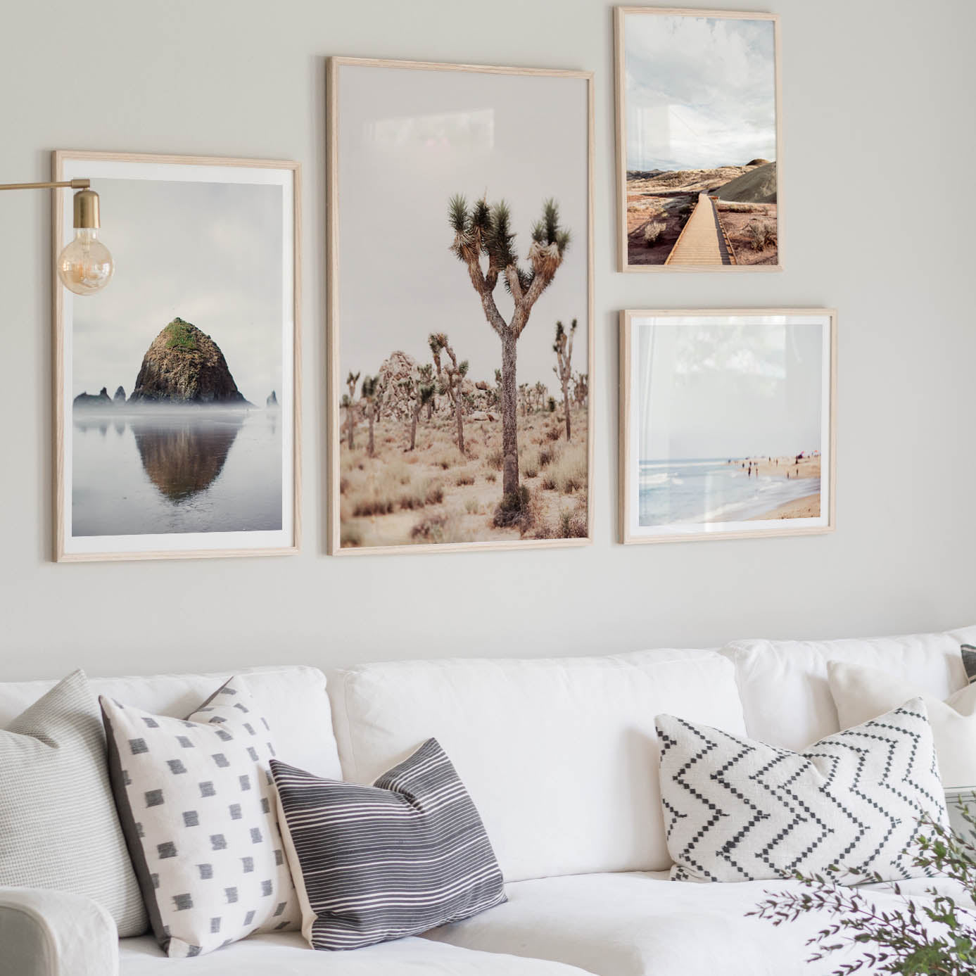 Stunning prints of Joshua Tree and Cannon Beach, California, showcasing the natural beauty of these iconic landscapes, perfect for adding a touch of West Coast magic to your home.