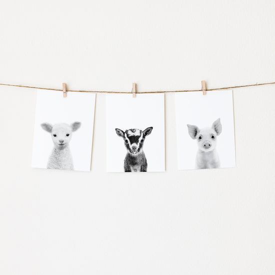 Black and White Farm Animals Set of 3 Nursery Wall Art Prints