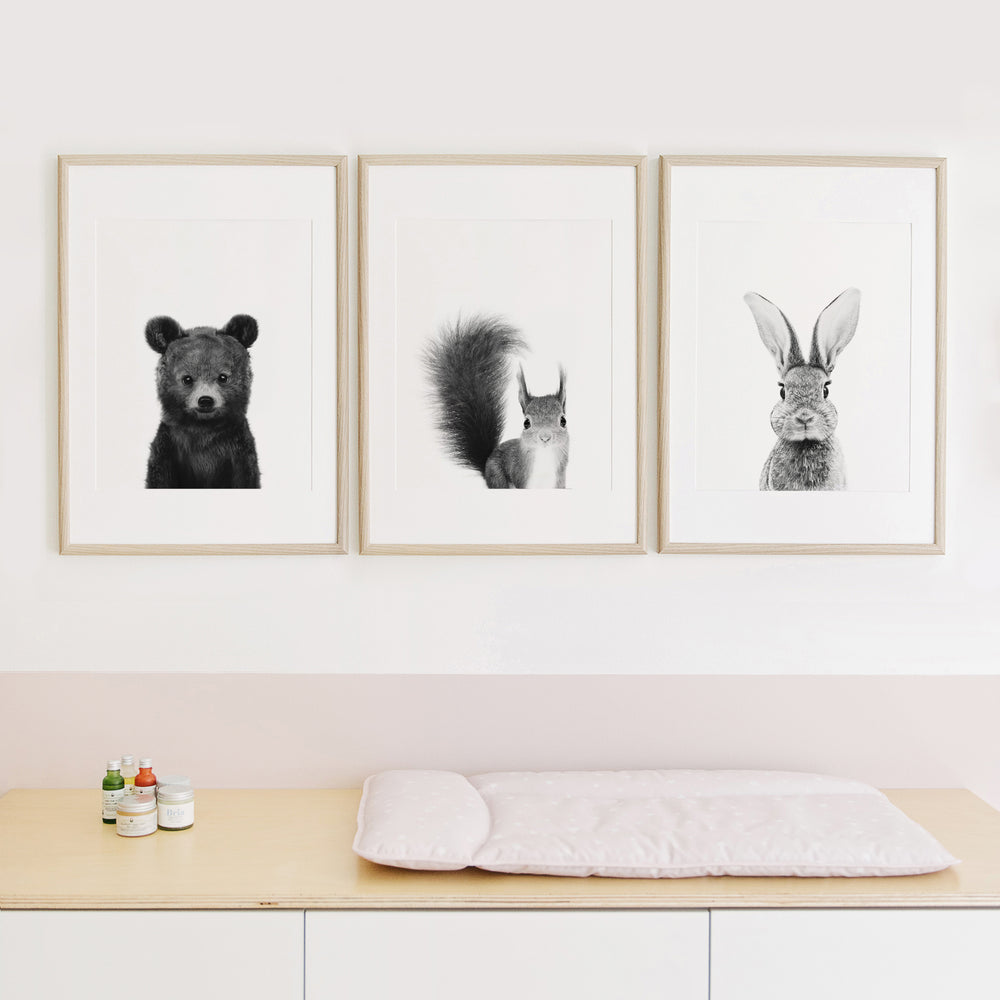 Black and White Woodland Animals Set of 3 Nursery Wall Art Prints