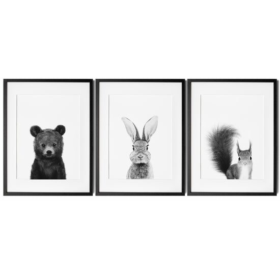 Black and White Woodland Animals Set of 3 Nursery Wall Art Prints