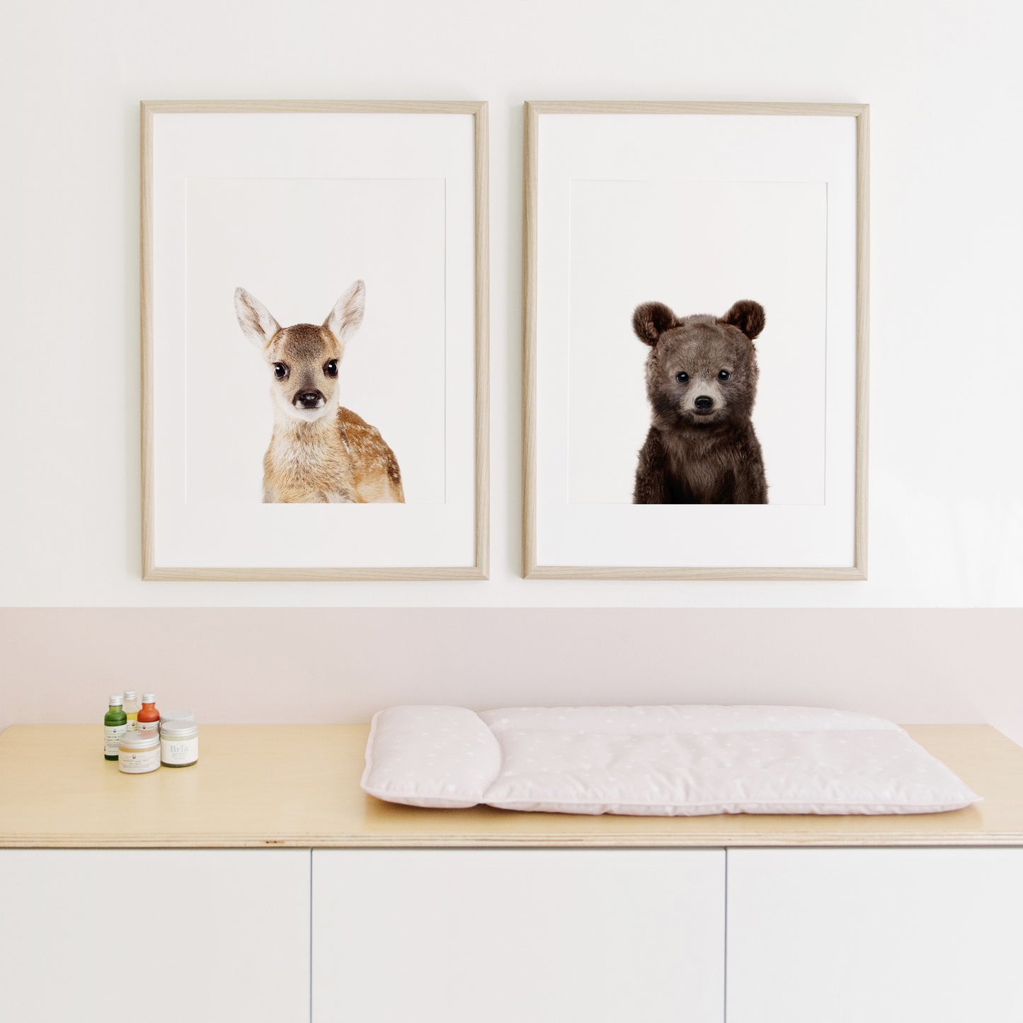 framed baby deer print nursery wall art above diaper changing table 