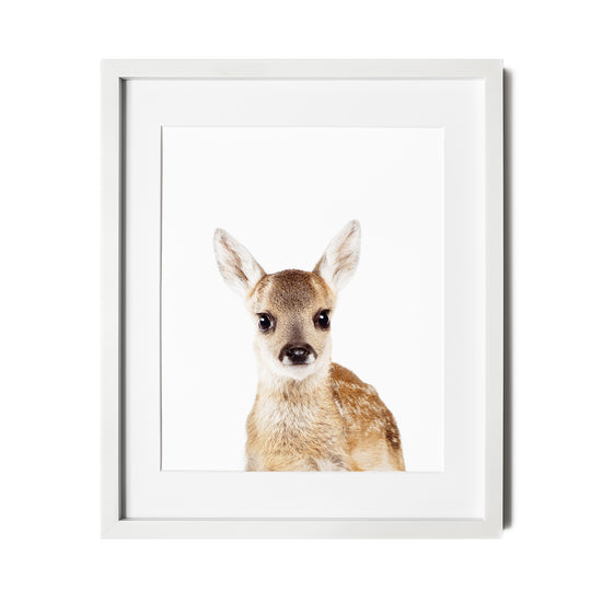 baby deer print nursery wall art in white frame