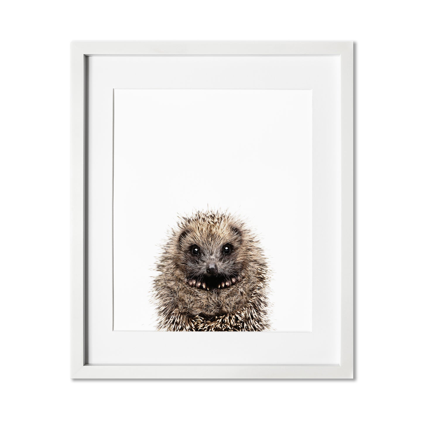 framed Baby Hedgehog Nursery Wall Art Print in a white frame