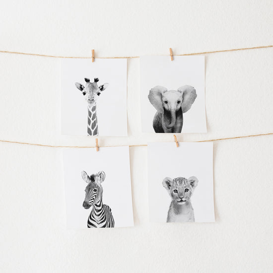 Black and White Safari Animals Set of 3 Nursery Wall Art Prints
