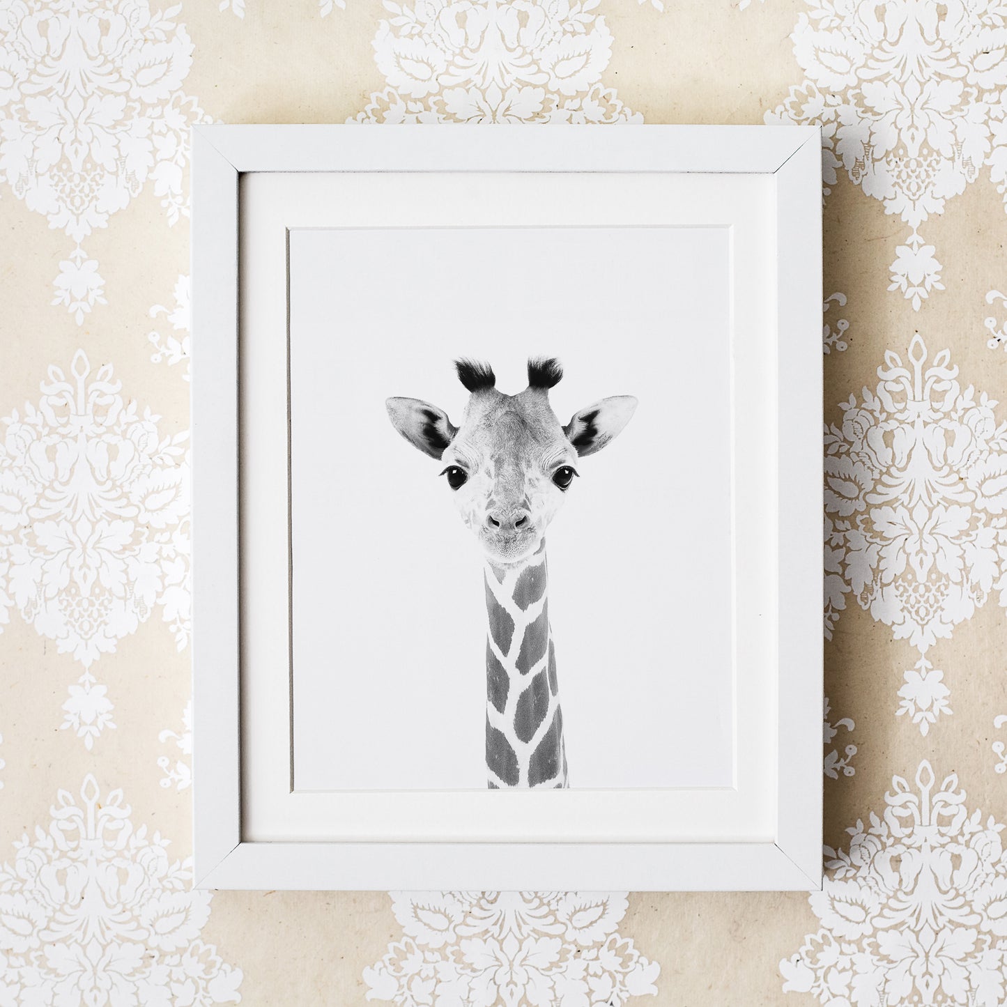 Load image into Gallery viewer, black and white baby giraffe in white frame on a yellow wallpaper
