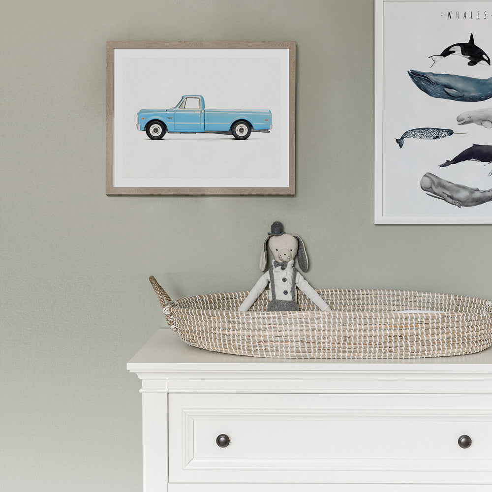 
                      
                        Blue Pickup Truck Nursery Print for Boys' Rooms
                      
                    