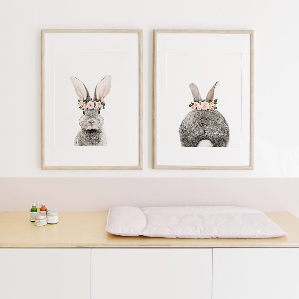 
                      
                        Bunny Portrait and Bunny Tail with Flower Crown  nursery wall art prints
                      
                    