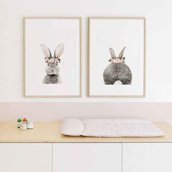 Bunny Portrait and Bunny Tail with Flower Crown  nursery wall art prints